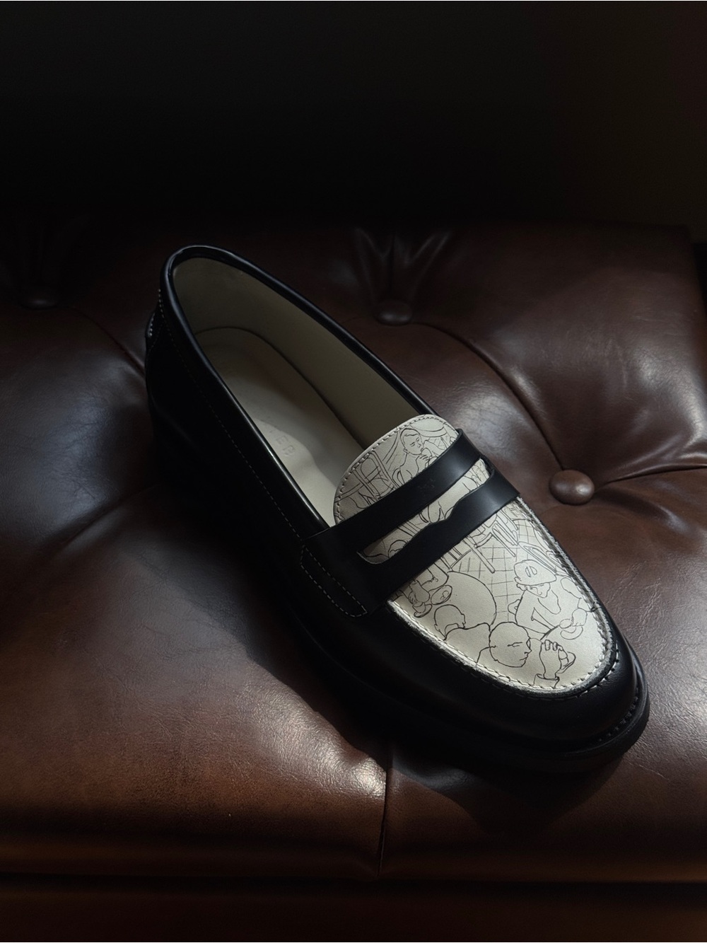 New York NY Cafe Black Leather Penny Loafer with Printed Cream Toe